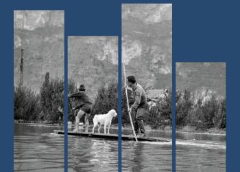 Grafische Darstellung der Ausstellung 'Land unter' im Merkantilmuseum Bozen, die sich mit den Überschwemmungen der Etsch befasst.