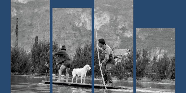 Grafische Darstellung der Ausstellung 'Land unter' im Merkantilmuseum Bozen, die sich mit den Überschwemmungen der Etsch befasst.