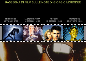 Plakat der Filmreihe Moroder Movie Sound mit stilisierten Filmstreifen und dem Namen Giorgio Moroder