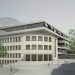 Rendering des geplanten Bibliothekszentrums in Bozen, das moderne Architektur und Grünflächen zeigt