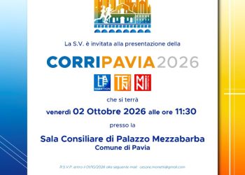 Die offizielle Einladungskarte zur Pressekonferenz des 22. CorriPavia Half Marathon im Jahr 2026.