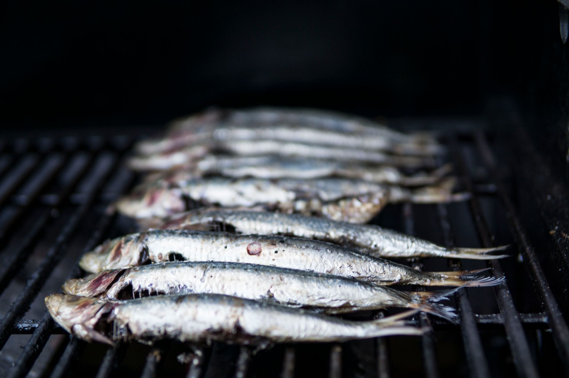 Kleine Fische auf dem Grill Mehrere kleine Fische nebeneinander auf einem Grillrost