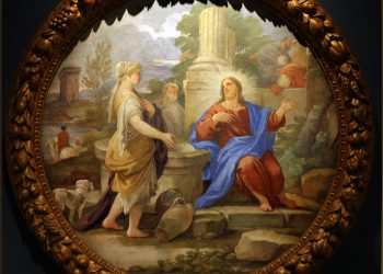 Rundes Gemälde mit Christus und der Samariterin am Brunnen in einem reich verzierten goldenen Rahmen