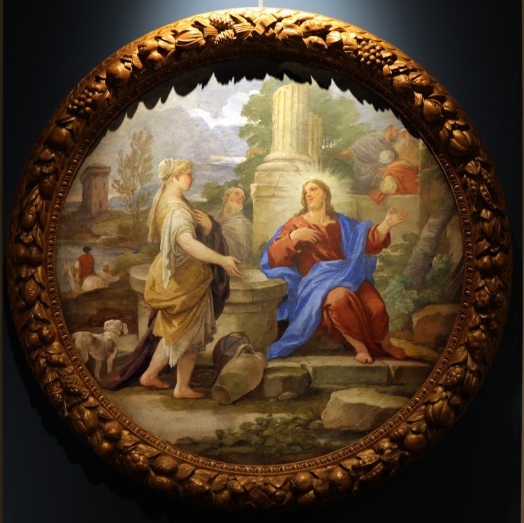 Rundes Gemälde mit Christus und der Samariterin am Brunnen in einem reich verzierten goldenen Rahmen