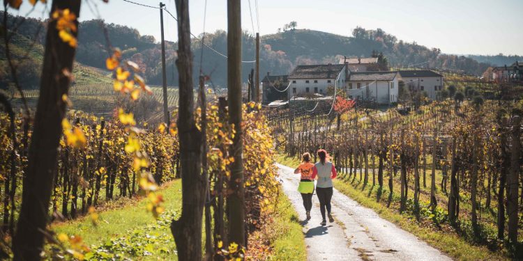 Zwei Läuferinnen auf einem schmalen Weg zwischen herbstlichen Rebzeilen in den Prosecco-Hügeln, dahinter Bauernhäuser