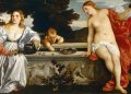 Tizians Gemälde Amor Sacro e Amor Profano zeigt zwei Frauen und einen kleinen Amor an einem steinernen Becken