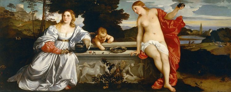 Tizians Gemälde Amor Sacro e Amor Profano zeigt zwei Frauen und einen kleinen Amor an einem steinernen Becken
